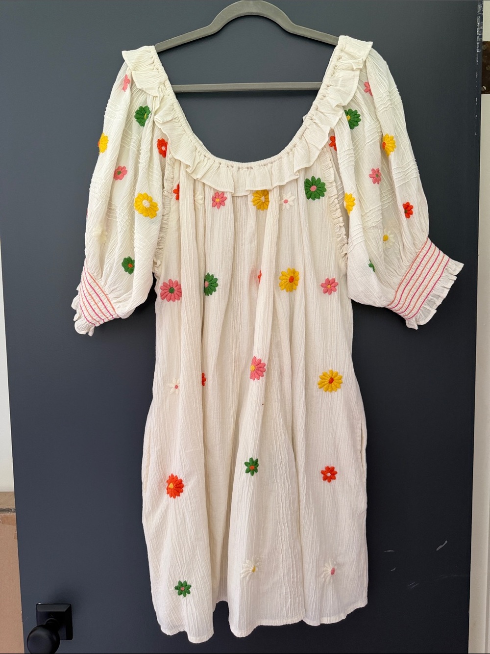 Cleobella Cream Peasant Dress with Multicolor Floral Embroidery
